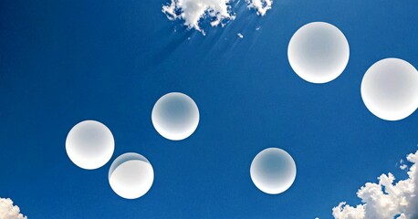 Aufkleber - Seven white balloons float against a clear blue sky, with fluffy white clouds in the top left corner