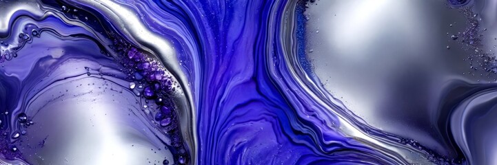 Leinwandbilder - a striking abstract pattern of swirling, fluid purple and silver hues, with small bubbles and droplets scattered throughout, creating a sense of movement and dynamism