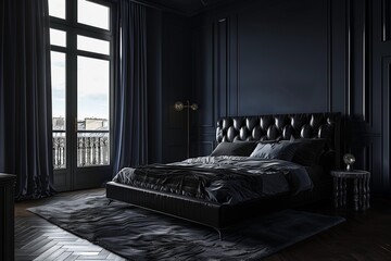 A luxurious bedroom with deep navy blue walls, a black leather headboard, and dark velvet curtains framing a floor-to-ceiling window. A dark wooden floor and a soft, dark gray rug complete the look.