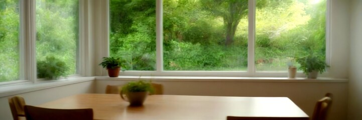 Poster - a serene indoor setting with a wooden dining table, two chairs, and a vase of green plants on the windowsill The large windows offer a view lush, green landscape outside