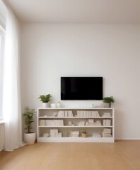 Poster - A minimalist living room with a white bookshelf, a black flat-screen TV, and two potted plants, all set against a white wall and a window with white curtains