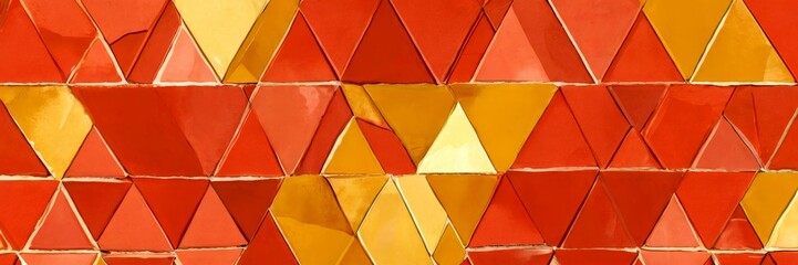 Poster - a close-up view pattern of overlapping triangular tiles in various shades of red and yellow, creating a vibrant and textured background
