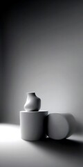 Poster - A minimalist black and white featuring two white cylindrical objects, one on top of the other, against a plain gray background