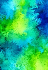 Poster - a vibrant abstract watercolor painting with a mix of green, blue, and yellow hues, creating a dynamic and energetic composition