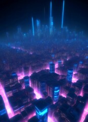 Fototapete - A futuristic cityscape with towering skyscrapers and glowing neon lights, set against a dark night sky