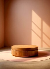 Leinwandbilder - A wooden round podium with a lid sits on a pink circular rug in a minimalist room with a peach-colored wall