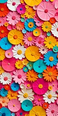 Poster - A vibrant collage of paper flowers in various colors and shapes, arranged in a visually striking pattern against a pink background