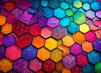 Aufkleber - a vibrant and colorful pattern composed of numerous hexagonal tiles in various shades of red, orange, yellow, green, blue, and purple The tiles are arranged in a