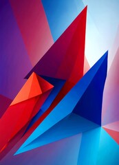 Poster - a vibrant abstract composition of overlapping triangular shapes in various shades of red, blue, and purple, creating a dynamic and visually striking scene