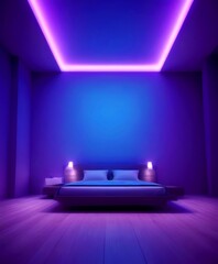 Fototapete - A modern bedroom with a minimalist design features a large bed with a white headboard and two nightstands on either side, illuminated by a purple light strip