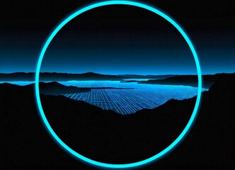 Poster - A digital illustration serene landscape with a lake, mountains, and a glowing blue sky, framed by a circular blue light