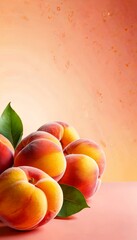 Aufkleber - A cluster of ripe, vibrant peaches with green leaves rests on a pink background, creating a visually appealing still life composition