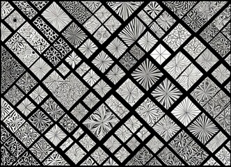 Aufkleber - a black and white abstract composition featuring a grid of square tiles with various geometric patterns and designs, including radiating lines, flowers, and