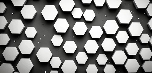 Poster - A repeating pattern of white hexagonal shapes on a black background, with small white dots scattered throughout.