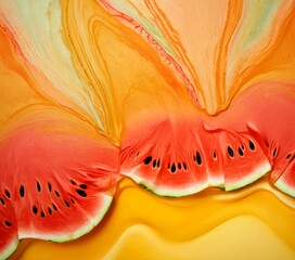 Aufkleber - a close-up view slice of watermelon, with its distinctive pink flesh and black seeds clearly visible The background is a vibrant mix of orange and yellow hues, creating