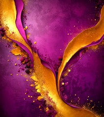 Fototapete - a vibrant abstract composition with a gradient of purple and gold, accented by splashes of gold and purple, and scattered with small gold and purple objects
