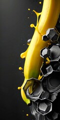 Poster - a close-up view banana with a splash of yellow liquid, possibly juice, pouring out from the top The banana is set against a black background, and the liquid is splashing