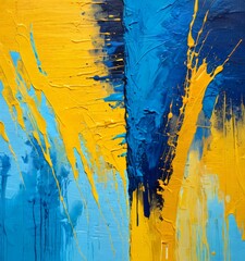 Aufkleber - Abstract painting featuring bold strokes of yellow and blue paint on a textured blue background