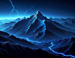 Aufkleber - a mountainous landscape at night, with a dramatic sky filled with lightning bolts and stars The mountains are depicted in a dark blue color, with a winding river or
