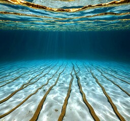 Poster - a serene underwater scene with a clear blue-green water surface, where sunlight filters through the water and casts a pattern of light and shadow on the sandy bottom.