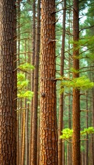 Poster - A dense forest of pine trees with their rough brown bark and vibrant green needles, creating a natural tapestry of textures and colors
