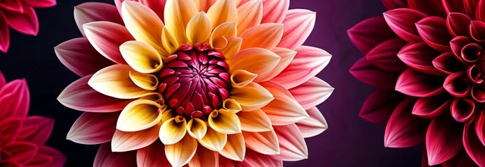 Aufkleber - A close-up vibrant dahlia flower, with its petals in shades of pink, orange, and yellow, set against a dark purple background
