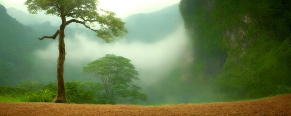 Poster - A lone tree stands in a misty valley, its twisted branches reaching towards the overcast sky The surrounding landscape is a lush tapestry of green, with mountains rising in