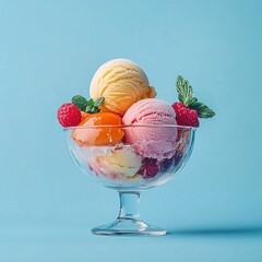 Wall Mural - colorful fruit ice cream scoops with fresh berries and mint