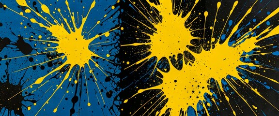 Poster - a striking abstract composition of yellow and blue splatters and splotches against a black background, creating a dynamic and energetic visual effect