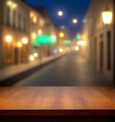 Aufkleber - A wooden table in the foreground with a blurred city street in the background, featuring illuminated buildings and streetlights