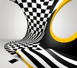 Poster - a striking abstract composition with a black and white checkered pattern on a curved surface, transitioning into a yellow circle, all set against a white background