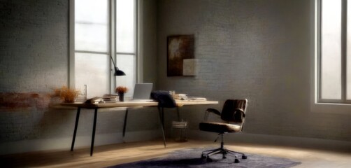 Poster - A serene and minimalist workspace features a wooden desk with a laptop, books, and a vase of flowers, accompanied by a comfortable office chair and a large window with