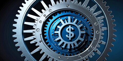 Aufkleber - A close-up view gear mechanism with a blue and silver color scheme, featuring a central gear with a dollar sign symbol