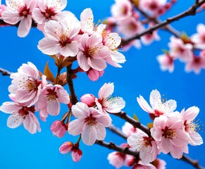 Poster - Delicate pink cherry blossoms in full bloom against a vibrant blue sky