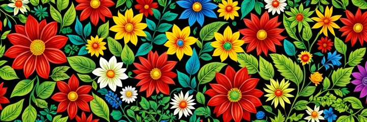 Aufkleber - A vibrant, colorful floral pattern with red, yellow, blue, and purple flowers, along with green leaves, against a black background