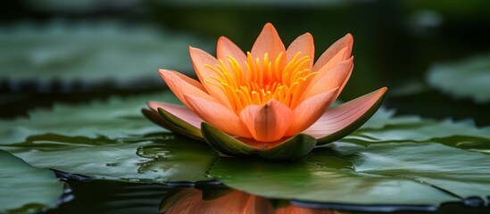 A single orange water lily blossom floats on a pond surrounded by large green lily pads.