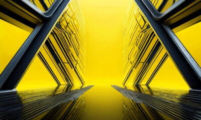 Fototapete - a futuristic architectural structure with a striking geometric design, featuring a series of intersecting black and yellow lines that create a sense of depth and perspective
