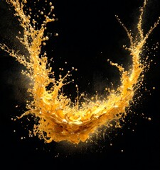 Aufkleber - a dynamic scene liquid, possibly orange or yellow, splashing and swirling against a black background The splashes are scattered in various directions, creating a sense