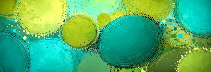 Poster - a vibrant abstract composition of overlapping circles in various shades of green and yellow, with a textured, brushstroke-like appearance
