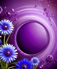 Poster - a vibrant purple background with a large circular opening in the center, surrounded by blue flowers and water droplets