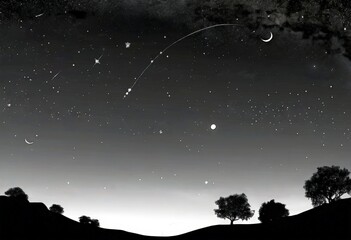 Poster - A starry night sky with a crescent moon and shooting stars, silhouetted trees, and a crescent moon in the background.