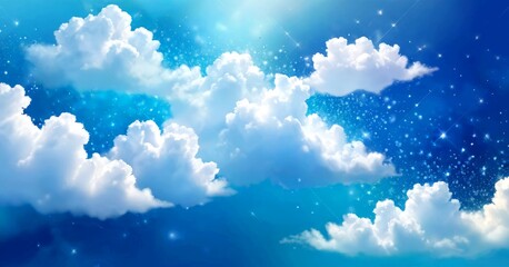 Leinwandbilder - A serene sky with fluffy white clouds and twinkling stars against a deep blue background