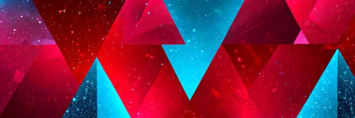 Poster - a vibrant abstract composition of overlapping triangular shapes in red, blue, and black, with a starry background and a subtle glow effect