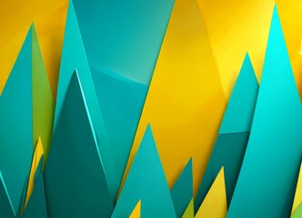 Poster - a vibrant abstract composition of overlapping triangular shapes in various shades of green and yellow, creating a dynamic and visually striking pattern