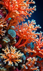 Poster - a vibrant underwater coral reef scene, featuring a variety of orange, white, and blue corals, as well as small fish and other marine life