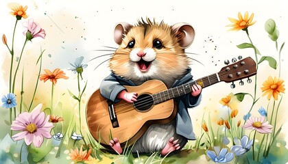 Wall Mural - Charming watercolor scene of a cute hamster joyfully singing and playing guitar amid a vibrant spring flower field