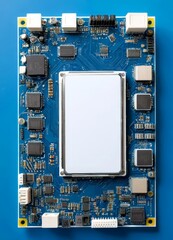 Aufkleber - An blue circuit board with various electronic components and a blank white center