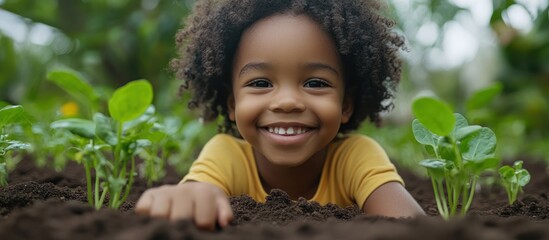 Canvas Print - A young girl smiles happily as she tends to her garden.