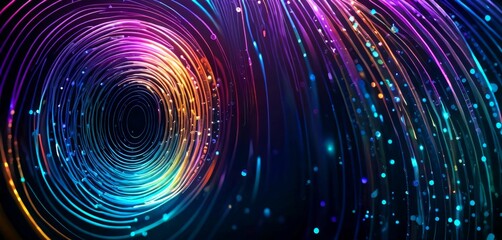 Poster - a vibrant, abstract pattern of concentric circles and lines, with a mix of purple, blue, orange, and yellow colors The pattern is set against a dark background, creating