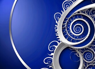 Poster - a spiral design with a blue background and a silver border The spiral pattern is composed of concentric circles, each with a unique spiral design, creating a visually